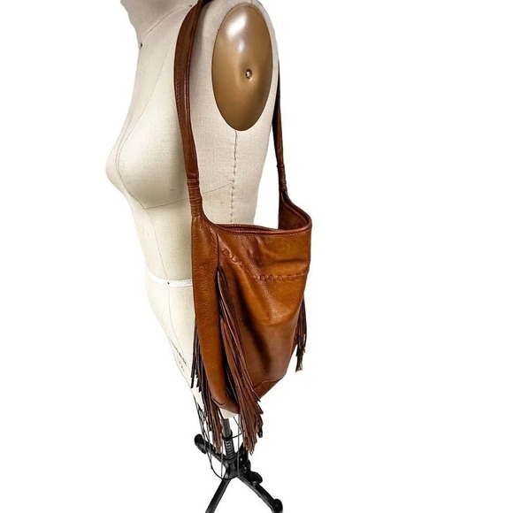 Margot Brown Genuine Leather Fringed Slouch Bag Large - Picture 3 of 6